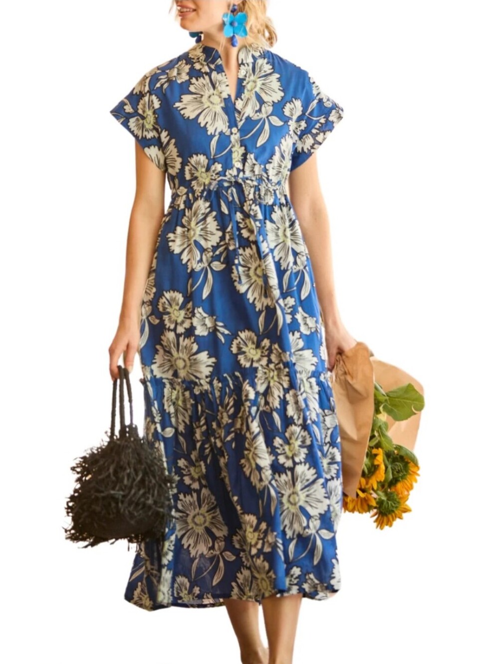 Ro's Garden Mumi Midi Dress L Large Blue Floral Anthro Tuckernuck